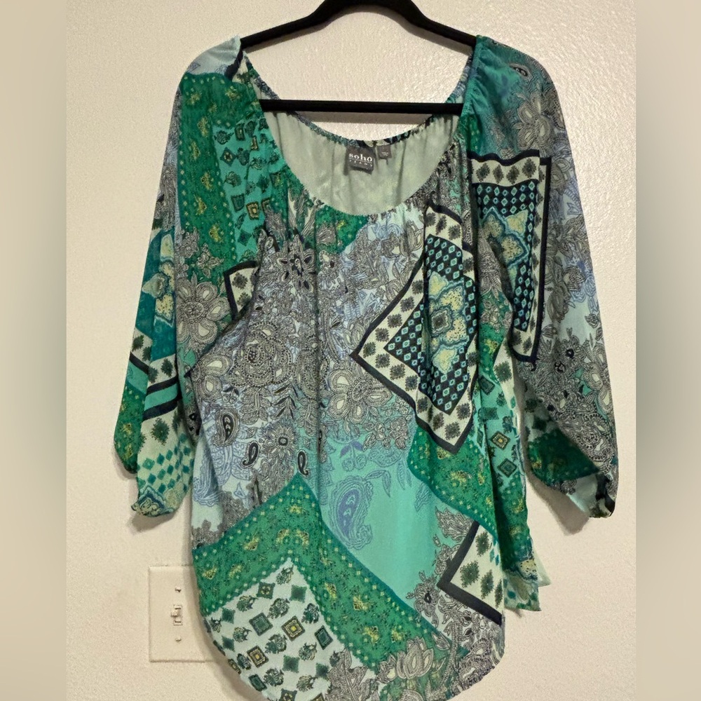New York & Company Teal and Aqua Paisley Patchwork Tunic